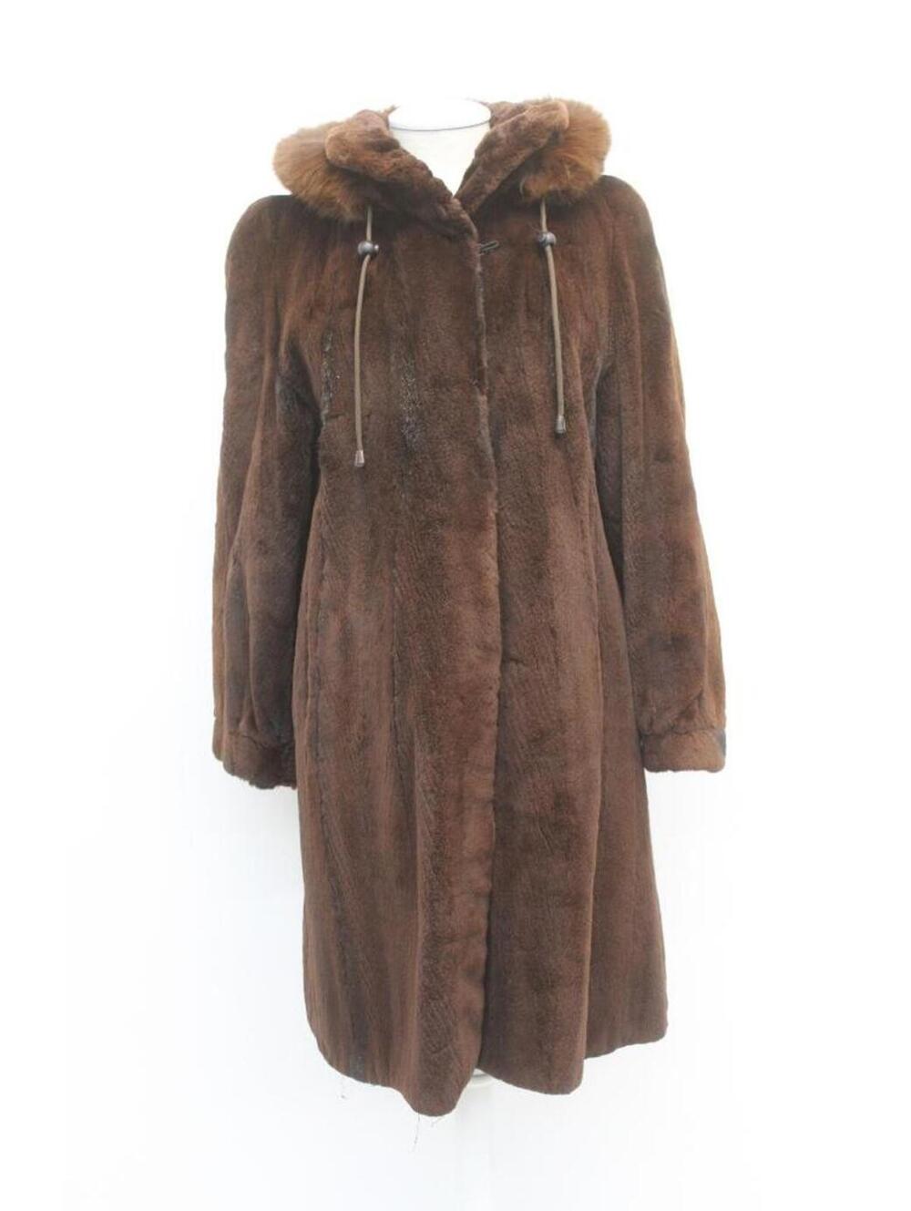 Excellent Brown Sheared Mink & Fox Fur Coat Jacket Women Woman Size 6-8 W/Hood